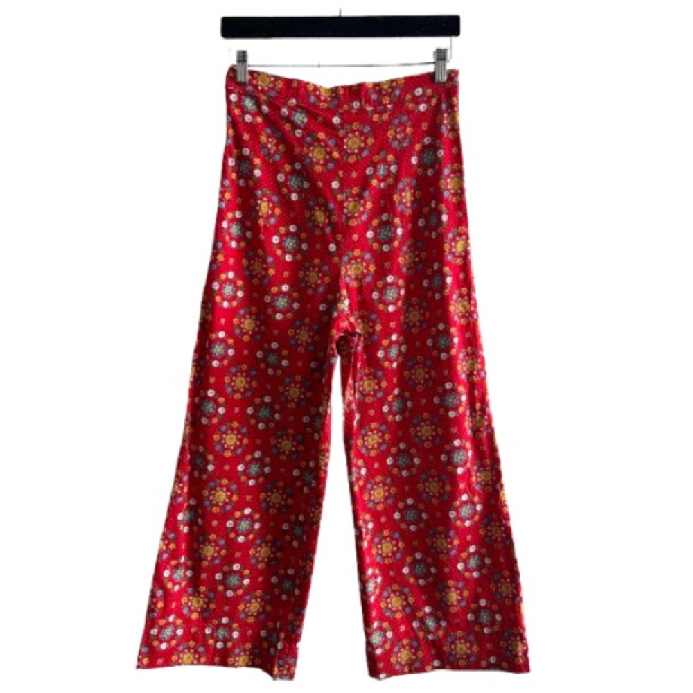 Vintage 70s Red Floral High Rise Wide Leg Pants Colorful Boho Talon Zipper